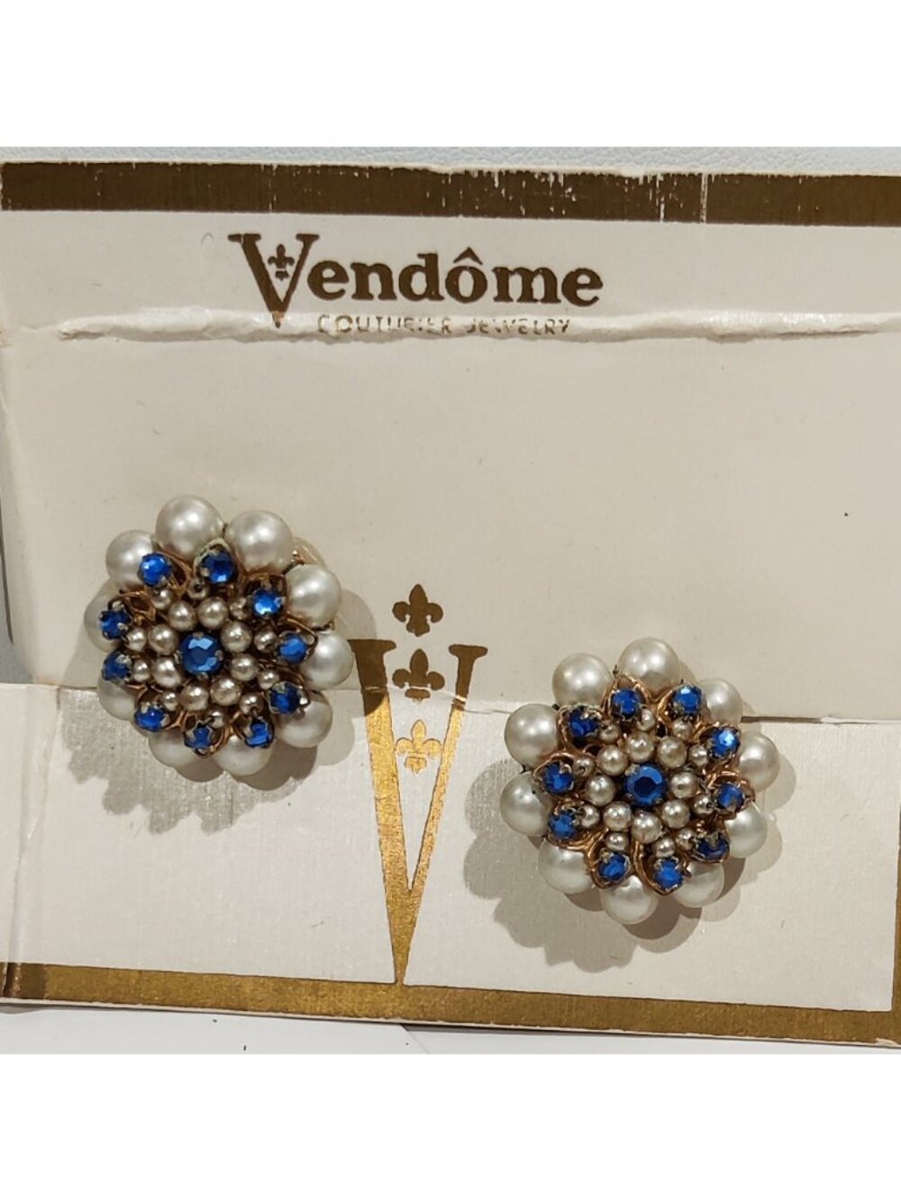 Vintage 1950s Vendome Gold Tone Cobalt Blue Rhinestone Faux Pearl Earrings